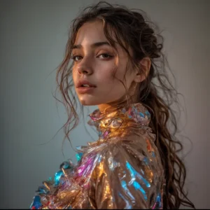 AI Generated Image of a woamn using plastic clothes. Color Machines AI Engineering.